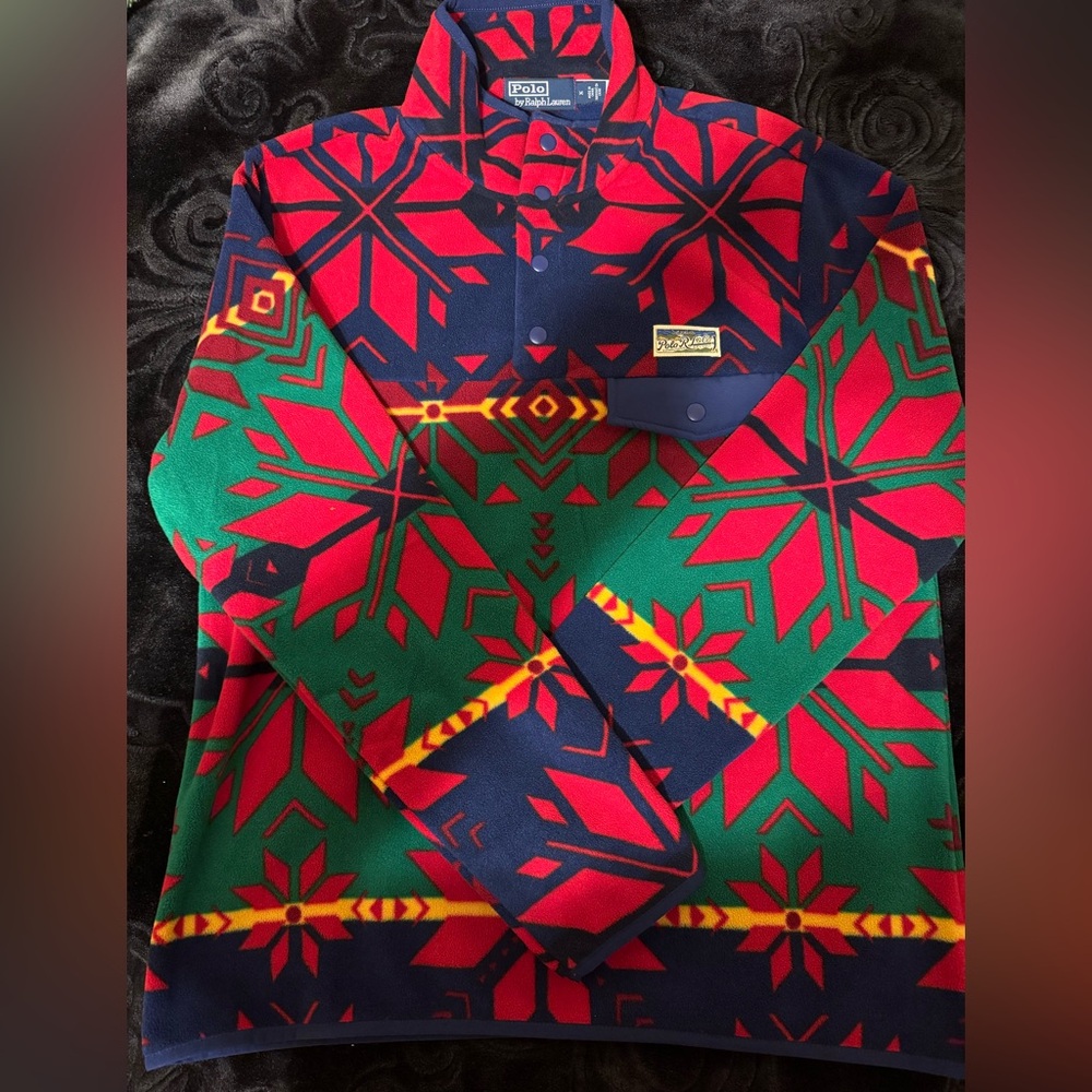 New Polo Ralph Lauren Aztec Y2K Fair Isle RL Graphic Fleece Pullover Mens Medium